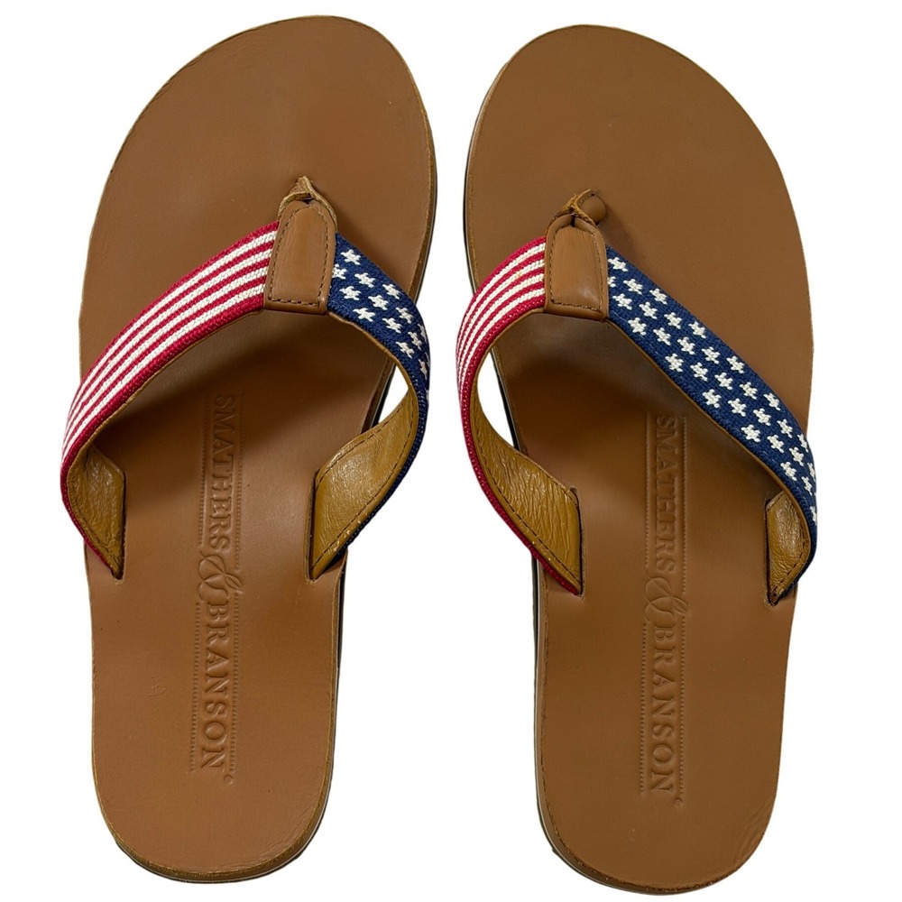 Smathers & Branson American Flag Needlepoint Leather Flip Flops Brown USA Mens